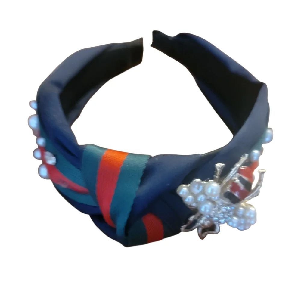 Navy and Red Headband with Pearl Bumblebee Embellishment